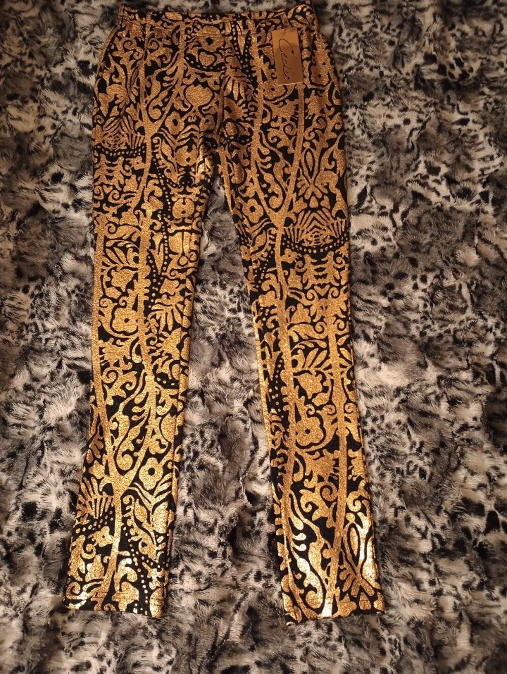 NWT Retro Black & Gold Glitter Brocade High Waisted Patterned Pants